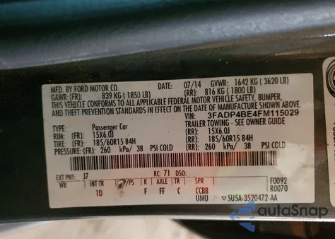 2015 Ford Fiesta Se z USA, uszkodzony, nr VIN 3FADP4BE4FM115029